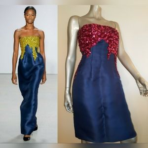 ♧$4,690 NEW OSCAR DE LA RENTA ADOREABLE SILK BEAD BLUE RED DRESS RUNWAY US 12